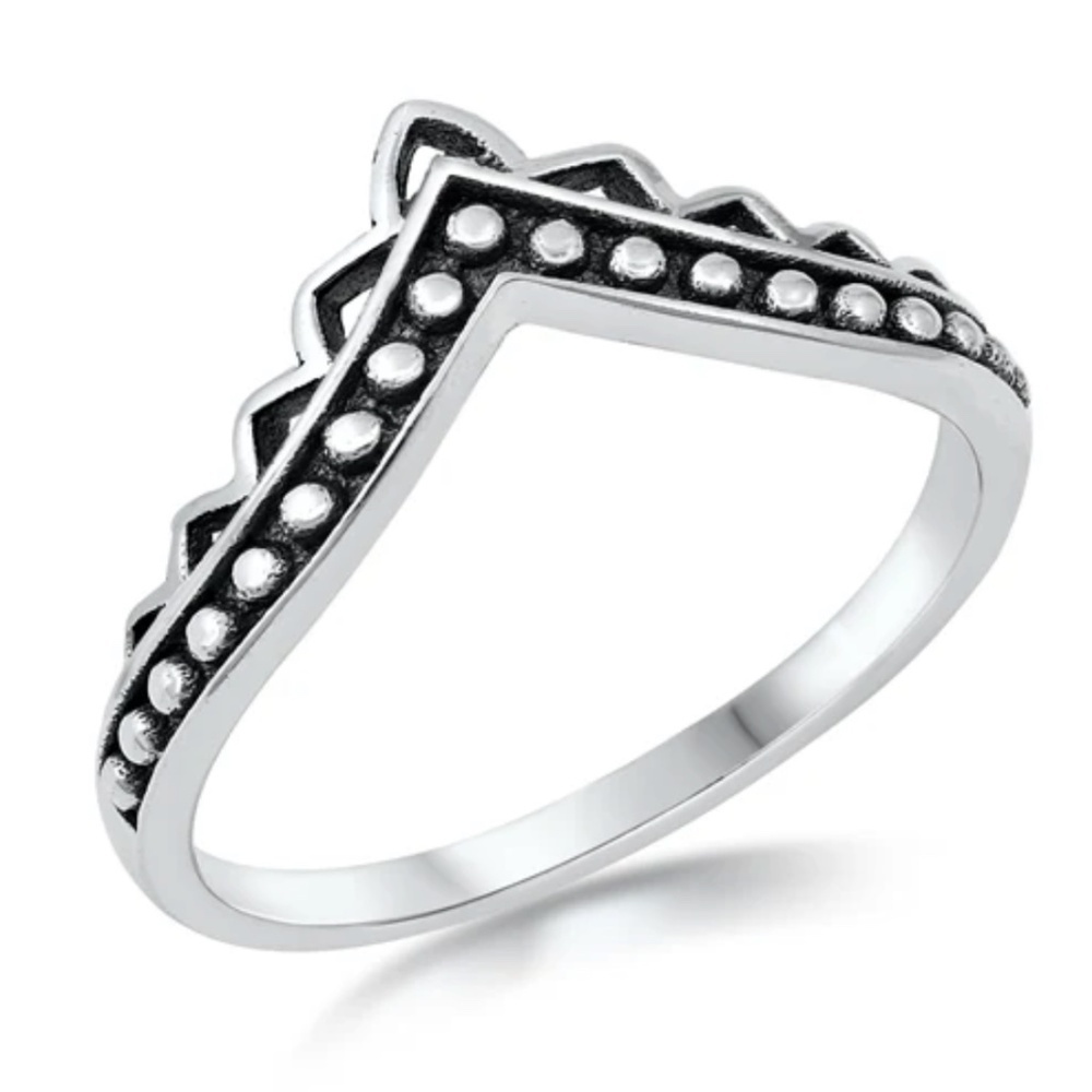 Sterling Silver V Ring with Oxidized Beaded Edge – 9 mm Face Height – Size 4